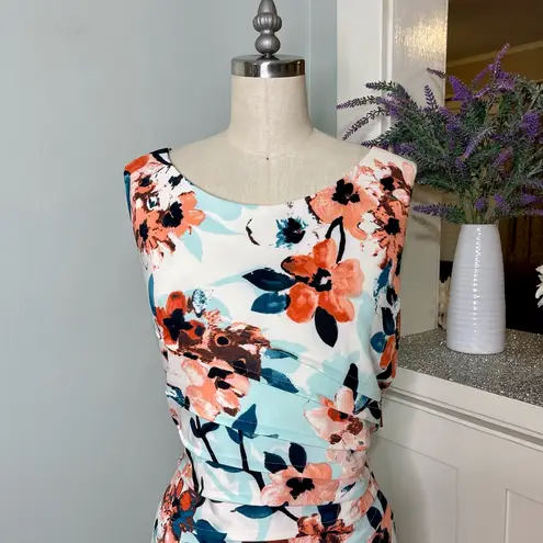 Ivanka Trump Floral Starburst Scuba Sheath Dress Orange Coral White 12 Large