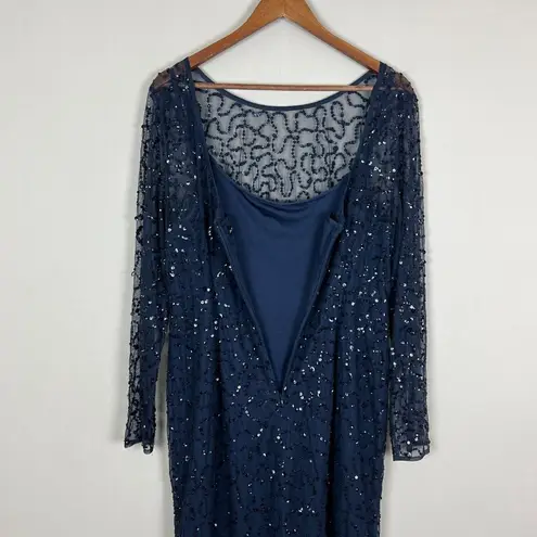 Papell Boutique Dress 16 Navy Blue Sequin Sheath Sheer Long Sleeve Cocktail Zip