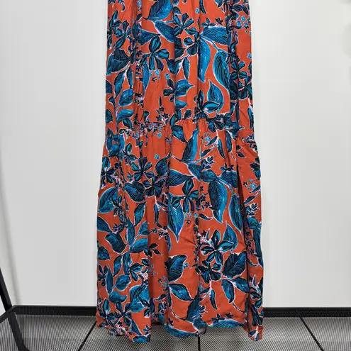 Jason Wu Linen Blend Tiered Dress Beaded Tropical Print Blue Orange L Large
