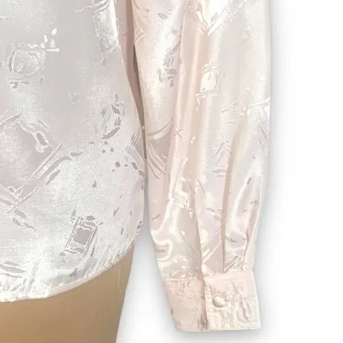 Vintage 80s Pink Satin Blouse Pintuck Pleats Diamond Jacquard Long Sleeve 10