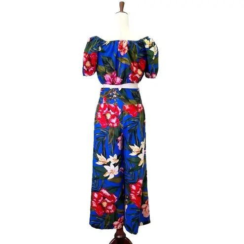 Cupcakes and Cashmere Tropical Blue Linen Crop Top Wide Leg Pant Set Size Small