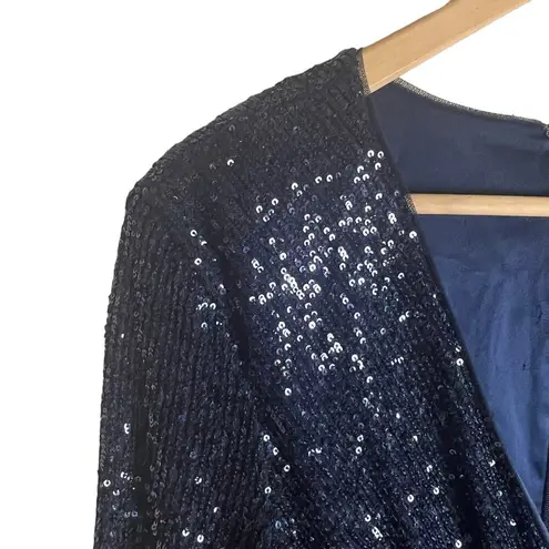 Parker Black Philippa Navy Blue Sequined Long Sleeve Faux Wrap Mini Dress Sz 12