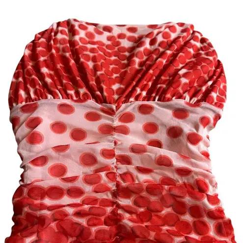 Vertigo Paris Vertigo Polka Dot Mesh Smocked Dress V-Neck Sleeveless Red Stretch Size Medium