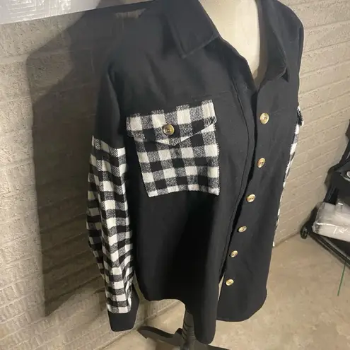 Haptics Womens Black Plaid Oversized Flannel Patches Button Down Shirt Jacket 1X
