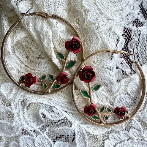 Gold Tone Rose Enamel Hoop Earrings Green