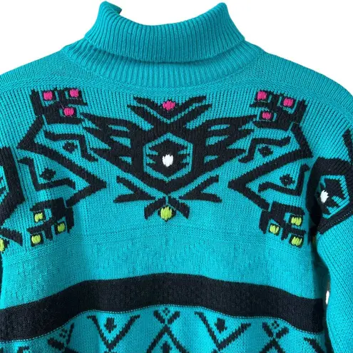 Vintage 80's Gitano Turquoise Embroidered Turtleneck Sweater Southwestern Small Blue