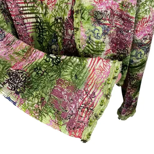 Alberto Makali VTG Embellished Crinkle Plisse 2 Piece Jacket Set Pink Green M