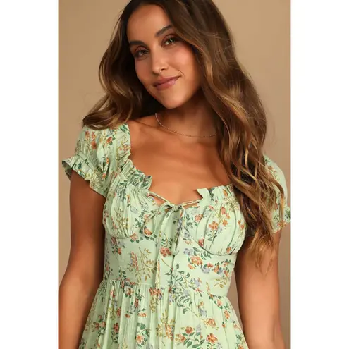 Lulus All Heart Floral Mini Dress XS Sage Green Milkmaid Cottagecore Coquette