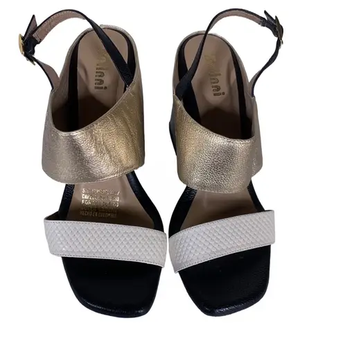 BELINNI BLACK, GOLD & ECRU LEATHER BLOCK HEEL SANDALS (36) Black Size 6