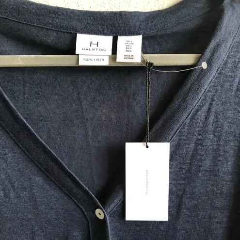 H by Halston Linen Cardigan Navy Blue Buttons Short Sleeve V Neck Sz L BNWT