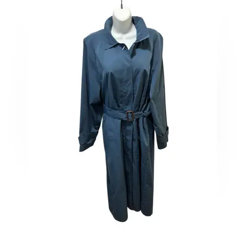 VTG L.L. Bean Traveler Belted Rain Trench Coat Dusty Blue Sz M Pockets Mid Calf Size M