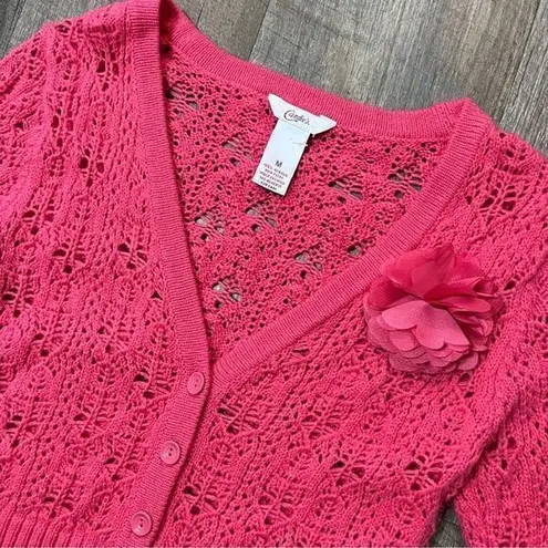 Candie's 2000s Hot Pink‎ Flower Knit Crochet Cardigan Sweater Womens Size Small/Medium