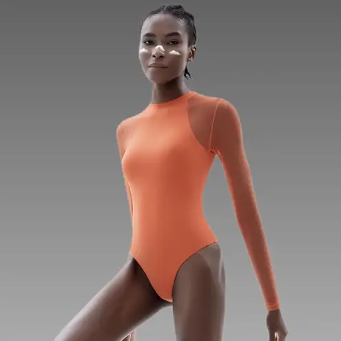 NWT Chic Long Sleeve Orange Bodysuit W/ Mesh Sleeves Sz Small