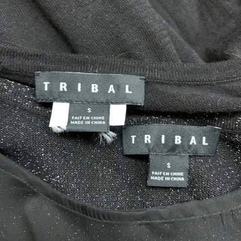 Tribal Sparkle Blouse Womens Small Long Sleeve Sheer Layered Lace Trim Top Black