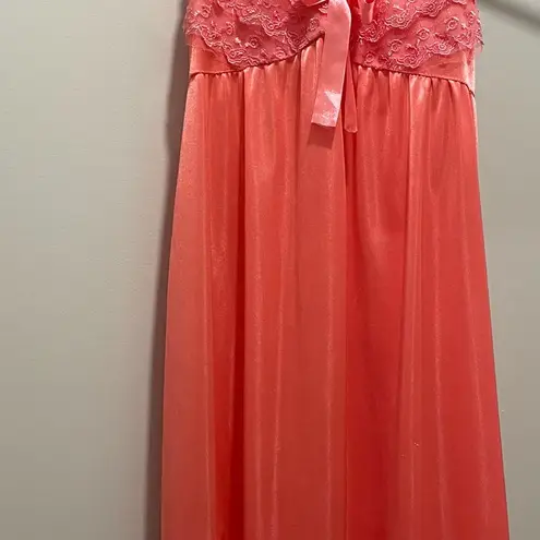 VTG Coquette Coral Pink Lace Spaghetti Strap Cami Slip Dress Nightgown With Bow