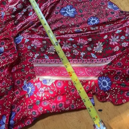 Maxi Dress Red Wrap V Neck Short Sleeve Front Split Summer Floral Belted, Size S