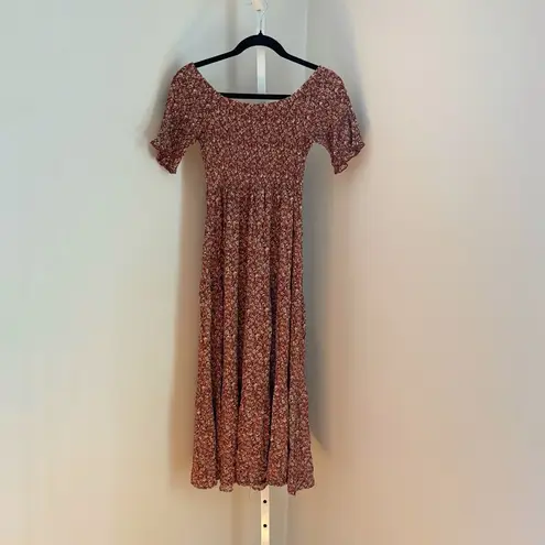 Natural Life Rusty Floral Print Midi Tiered Dress Off The Shoulder Size XS/Small Brown