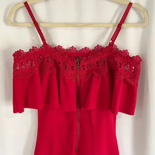 BCX New Lace Trim Ruffle Off Shoulder Spaghetti Strap Bodycon Dress Red