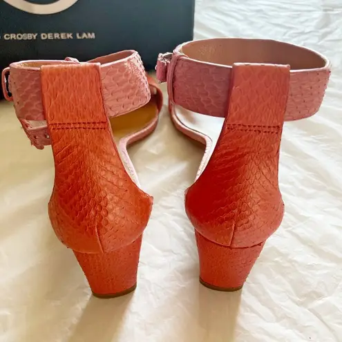 10 Crosby by Derek Lam pink watermelon snake print ankle buckle heeled sandals Size 9.5