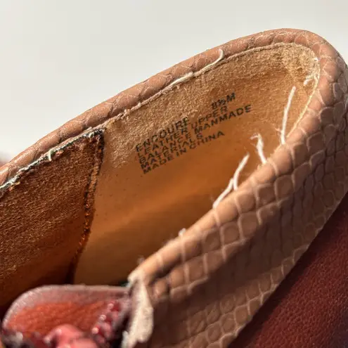 Poetic Licence London Brown Leather Ankle Boots Bow Heel Snake Print 8.5M Size 8.5