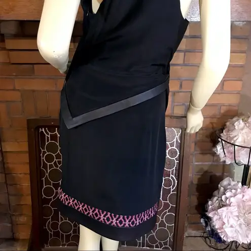 THAKOON ADDITION BLACK SILK DRESS WITH LAMBSKIN LEATHER TRIM AND RED PATTERN (6)