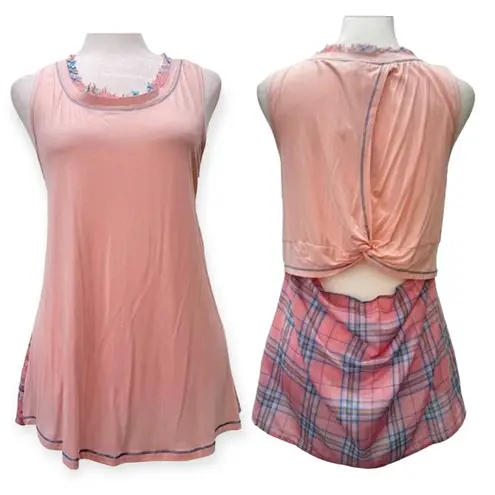 Hem & Thread Hem & Tread Pale Pink & Plaid Raw Edge Back Cutout Tunic Tank Small NEW