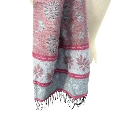 Gray Pink Floral Scarf Shawl Wrap Fringe