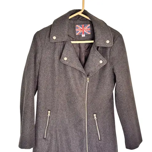 Miss London Size Large Grey Wool-Blend Coat Zipper Snap Details