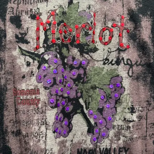 Rhinestone Merlot Wine Napa Valley Motif on Black 100% Cotton 3/4 Sleeve Top Size L