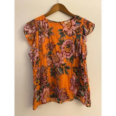 Farm Rio  Adonis Pintucked Blouse No Tie Orange Pink Floral Flutter Sleeve GUC S