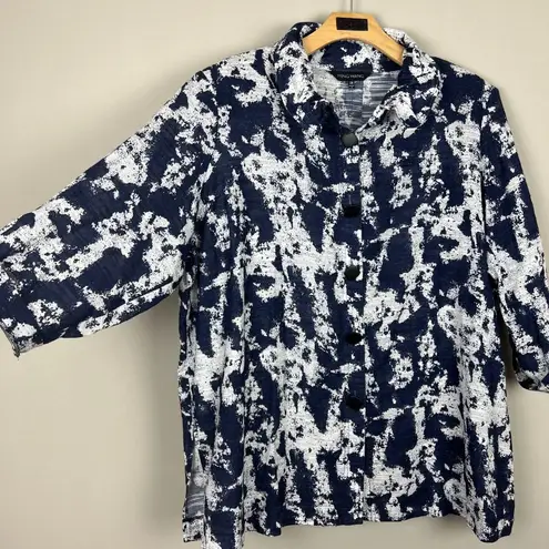 Ming Wang Tunic Top Womens 2X Navy White Print Sheer Button Up 100% Cotton Plus
