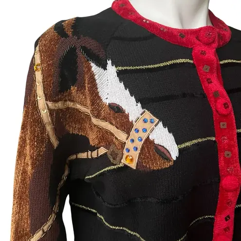 Vintage 80’s Berek Button Down Equestrian Horse Cardigan, Sz M Black Size M