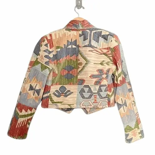 Rhonda Stark Jacket Blazer Southwest Tapestry Cropped Boho Tan Blue Size Medium Brown