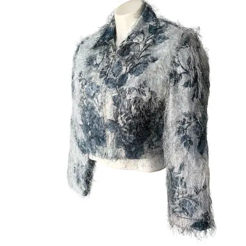 Vintage 90’s Rare Mesmerize Fuzzy Long Eyelash Zip Front Crop Top/Jacket, Sz S Blue