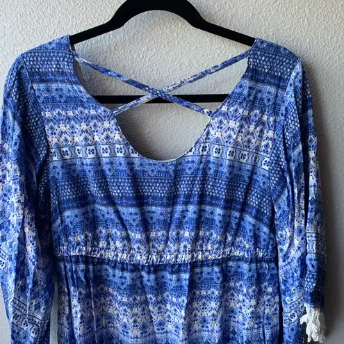 Bebop  blue tunic top sz L Bell sleeves fringe