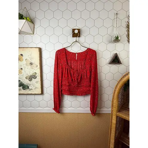 Free People  Red Floral Lolita Peasant-Style Smocked Top - Size - Small