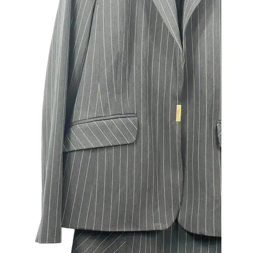 Apostrophe Stretch Two Piece Black Pin Striped One Button (Snap) Skirt Suit 12