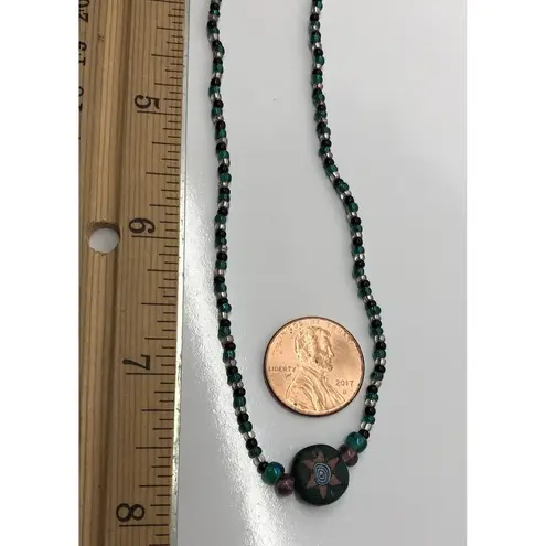 Hippie Boho Beaded Necklace Celestial, Bohemian Sun, Blue Silver Black Beads 16"