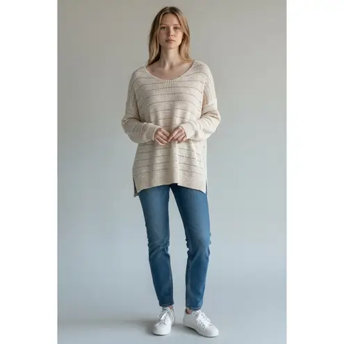 Cream Open Knit V Neck Long Sleeve Oversized Tunic Sweater Women XS Tan