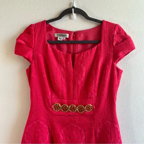 Kay Unger Dress Poppy Red Jacquard Cap Sleeve w/ Gold Chain Belt Accent Sz 4 EUC