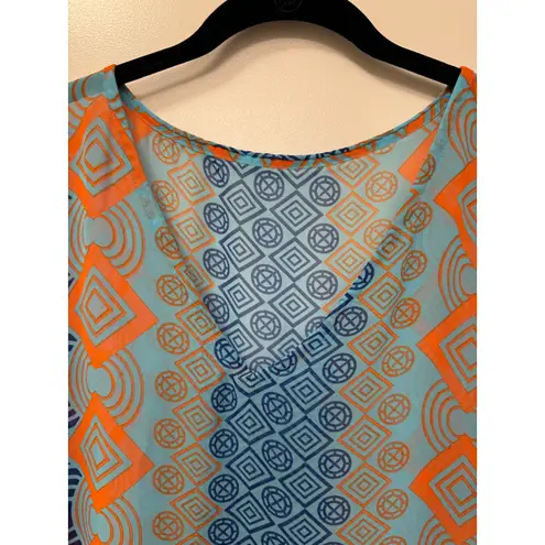 Blue Orange Geometric Print Chiffon Kaftan Beach Swim Cover Up One Size NWOT