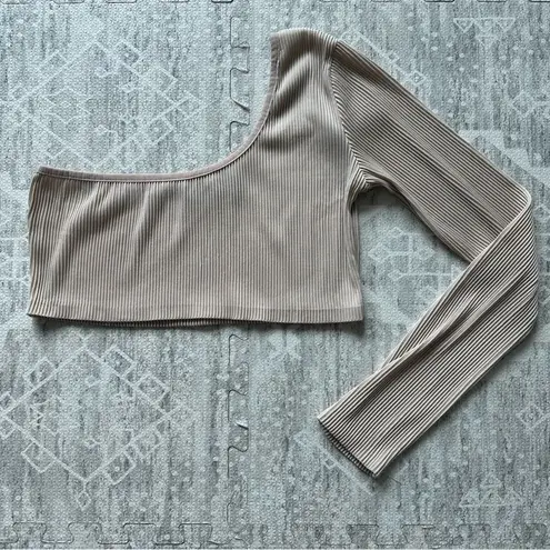 Maniere De Voir One Sleeve Ribbed Neutral Minimalist Beige Crop Top Size 12 UK