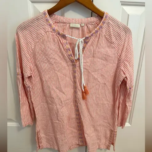 Spartina 449 Shirt Womens small Pink Pullover Linen Floral Embroidered Boho