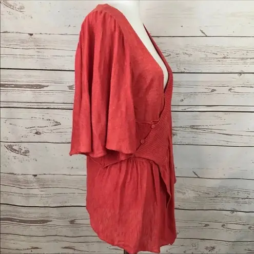Anthropologie Moth Taupo Coral Red Asymmetrical Ruffle Kimono Cardigan Sweater thumbnail 91