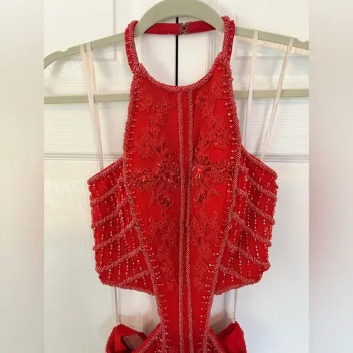 Red Beaded Rachel Allan Long Prom Dress Size 6