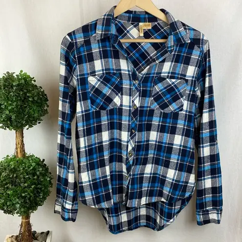 Passport Blue Black & White Long Sleeve Plaid Button Up Shirt Top L Size L