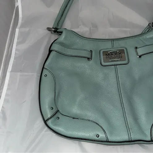 Maxx New York Signature Light Blue Leather Floral Interior Shoulder Bag