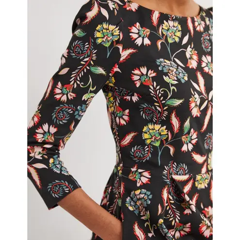 Boden Blossom Pome Fit and Flare Jersey Dress Floral Black Size 12 Preppy Boho