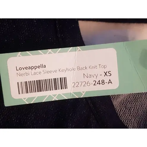 Loveappella Womens Size XS Blue Blouse Top Nerbi Lace Sleeve Keyhole Back Knit