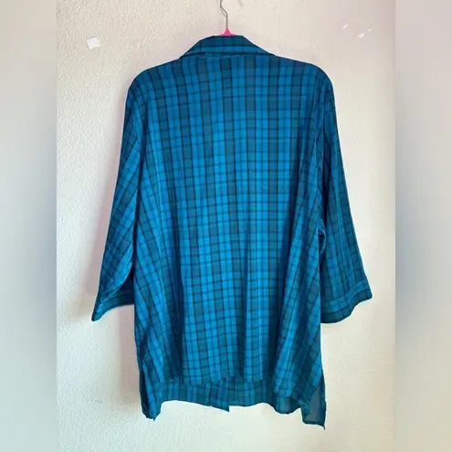 Maggie Barnes Teal Blue Black Plaid Check 3/4 Sleeve Button Up Blouse 2X 22/24W